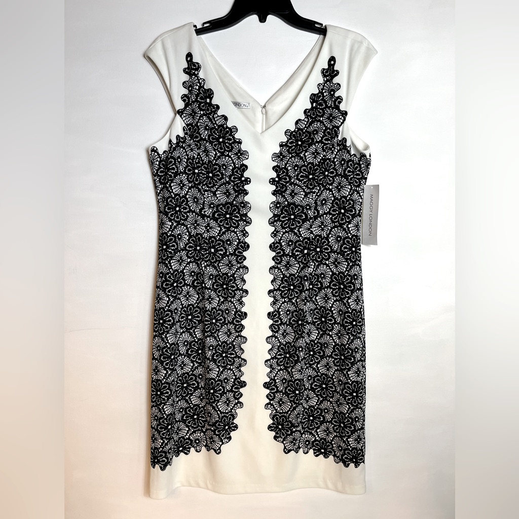 Maggie London Women’s White And Black Graphic Lace Dress Sz 14 Nwt